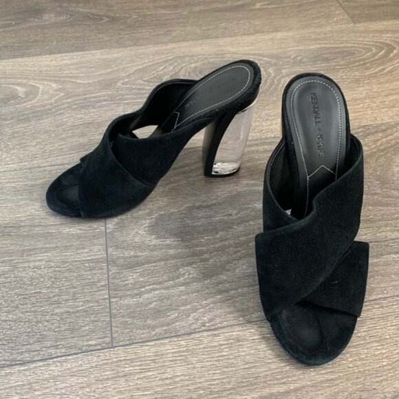 Revolve Kendall & Kylie Karmen Mules heels CrissCross Lucite Acrylic Clear Suede - Picture 5 of 16